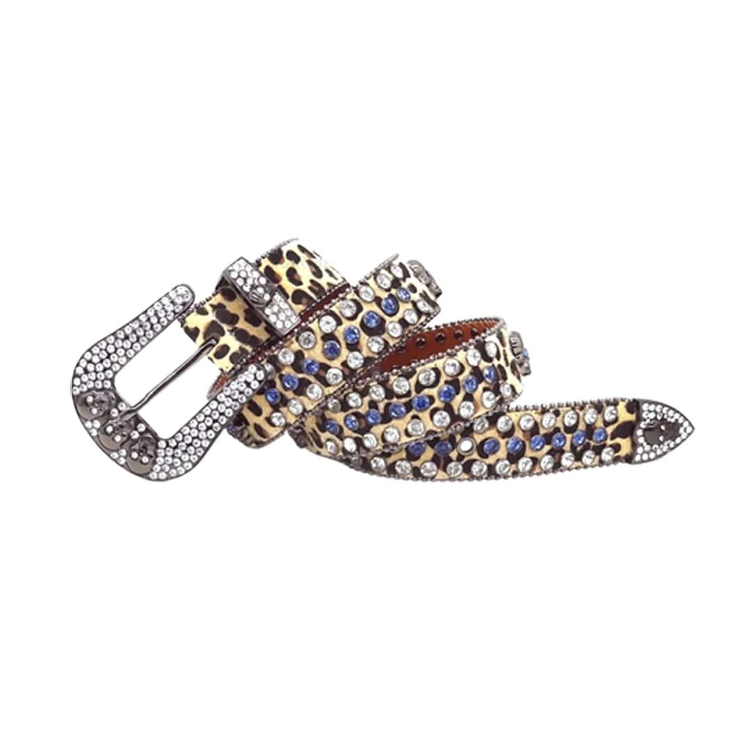 Skull Buckle Leopard Strap with Blue and Crystal Studs Rhinestone Belt-Belts-The Rhinestone Belts