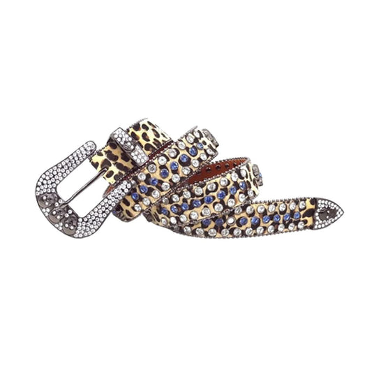 Skull Buckle Leopard Strap with Blue and Crystal Studs Rhinestone Belt-Belts-The Rhinestone Belts