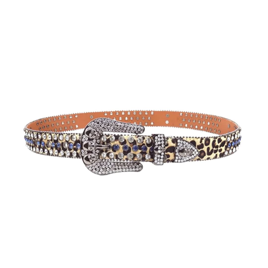 Skull Buckle Leopard Strap with Blue and Crystal Studs Rhinestone Belt-Belts-The Rhinestone Belts