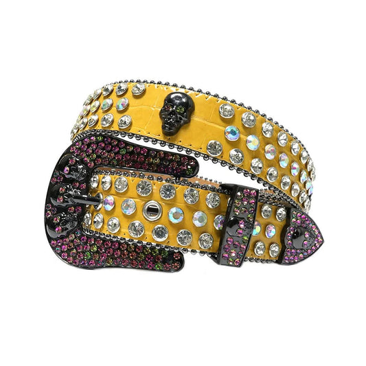 Skull Buckle Yellow Strap with Multi and Crystal Studs Rhinestone Belt-Belts-The Rhinestone Belts