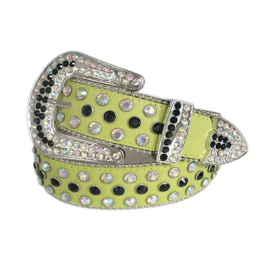 Chromatic and Black Rhinestones with Green Strap Rhinestone Belt-Belts-The Rhinestone Belts