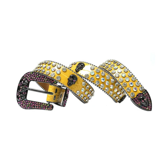 Skull Buckle Yellow Strap with Multi and Crystal Studs Rhinestone Belt-Belts-The Rhinestone Belts