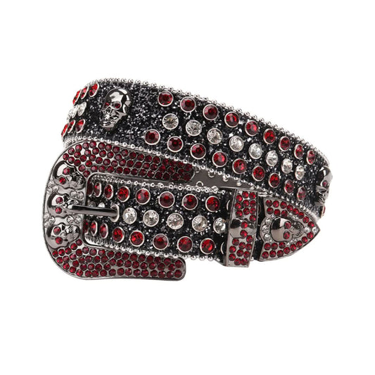 Skull Buckle Black Strap with Red and Crystal Studs Rhinestone Belt-Belts-The Rhinestone Belts