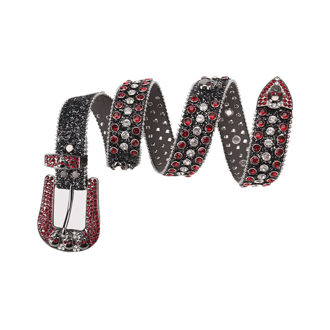 Skull Buckle Black Strap with Red and Crystal Studs Rhinestone Belt-Belts-The Rhinestone Belts