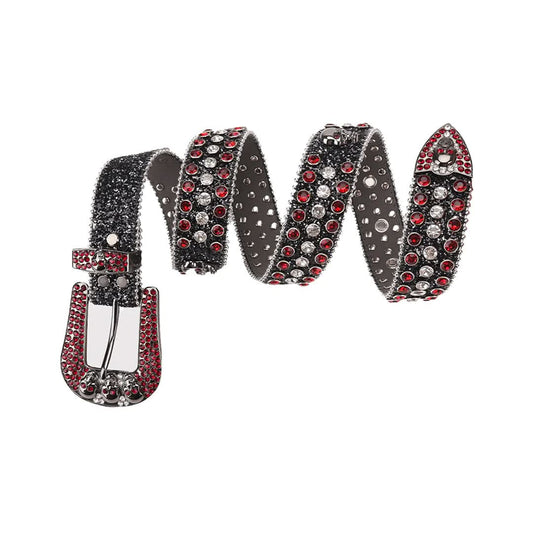 Skull Buckle Black Strap with Red and Crystal Studs Rhinestone Belt-Belts-The Rhinestone Belts