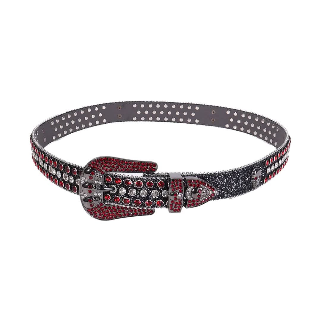 Skull Buckle Black Strap with Red and Crystal Studs Rhinestone Belt-Belts-The Rhinestone Belts