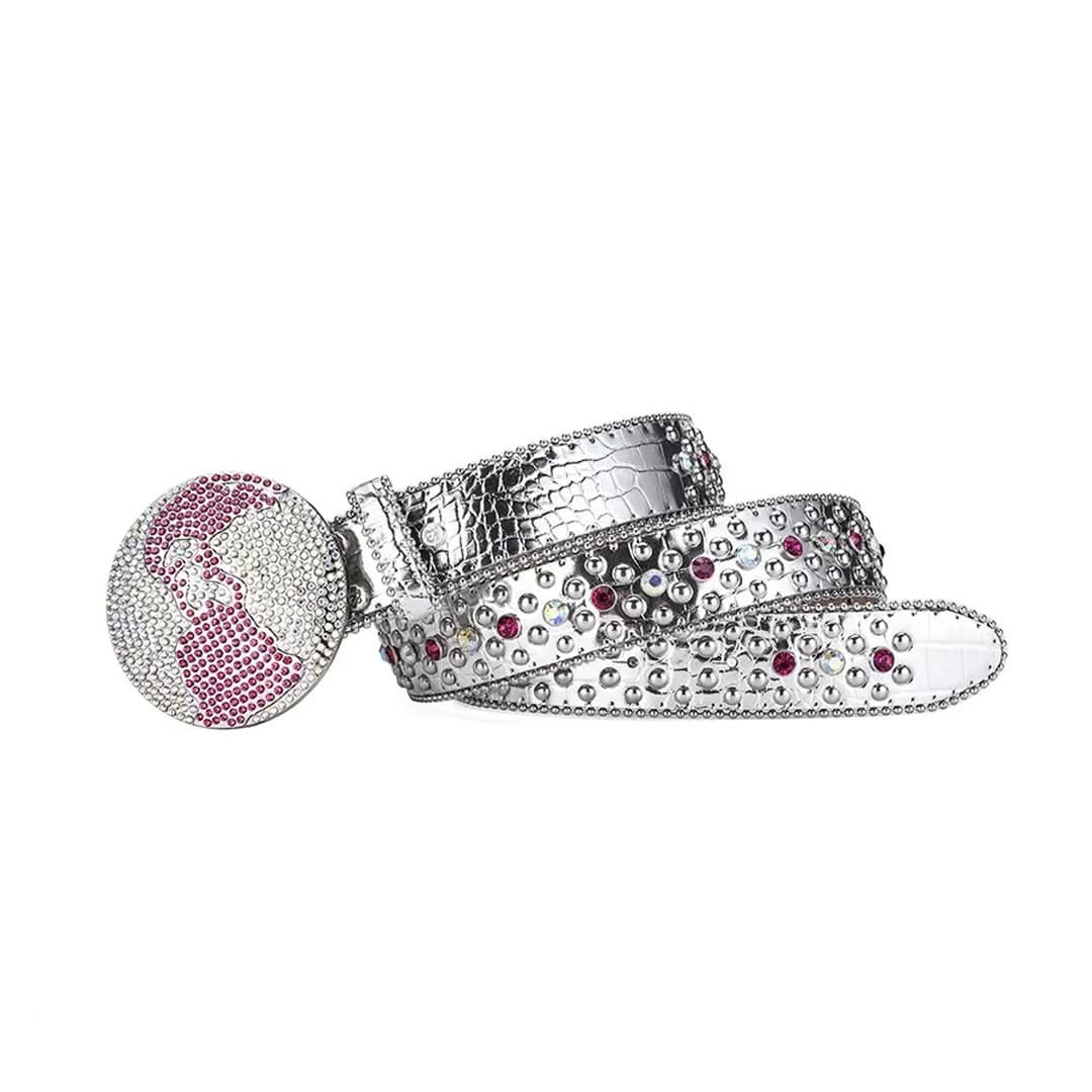 Globe Buckle with Silver and Pink Studs Rhinestone Belt-Belts-The Rhinestone Belts