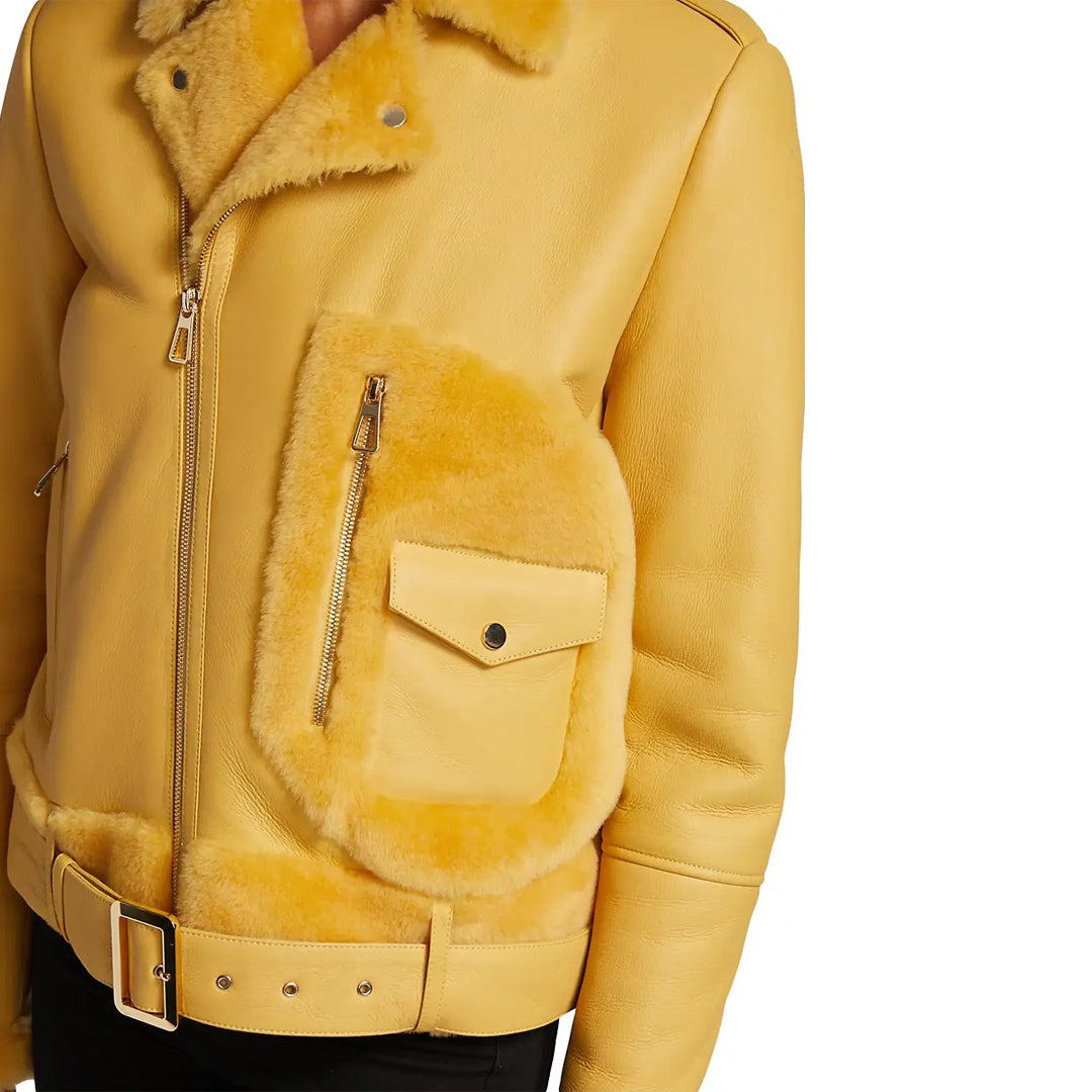 Women's Yellow Faux Shearling Leather Jacket-Women Shearling Jacket-Wayne Leather Jackets