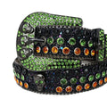 Green and Orange Rhinestones with Black Glitter Strap and Skull Buckles Rhinestone Belt-Belts-The Rhinestone Belts