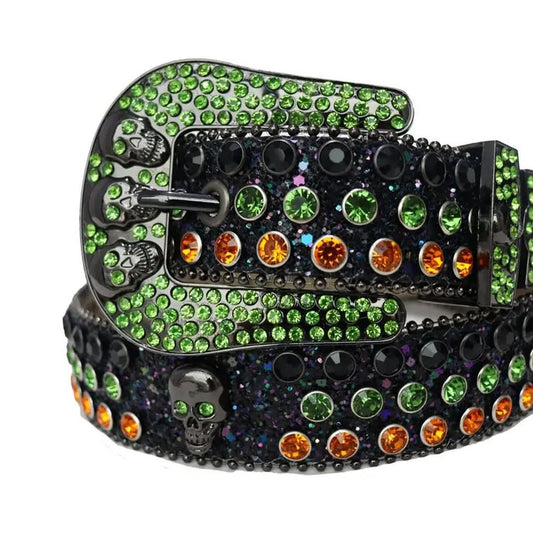 Green and Orange Rhinestones with Black Glitter Strap and Skull Buckles Rhinestone Belt-Belts-The Rhinestone Belts