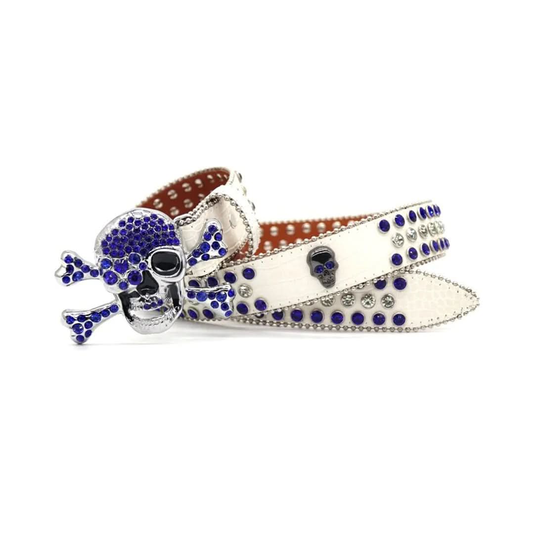 Metal Skull Buckle White Strap with Crystal and Blue Studs Rhinestone Belt-Belts-The Rhinestone Belts