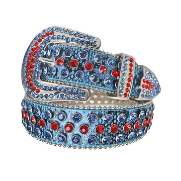 Red and Blue Rhinestones with Blue Textured Strap Rhinestone Belt-Belts-The Rhinestone Belts