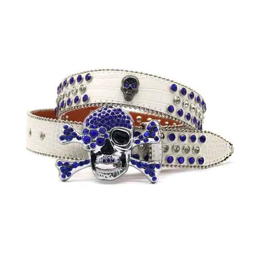 Metal Skull Buckle White Strap with Crystal and Blue Studs Rhinestone Belt-Belts-The Rhinestone Belts