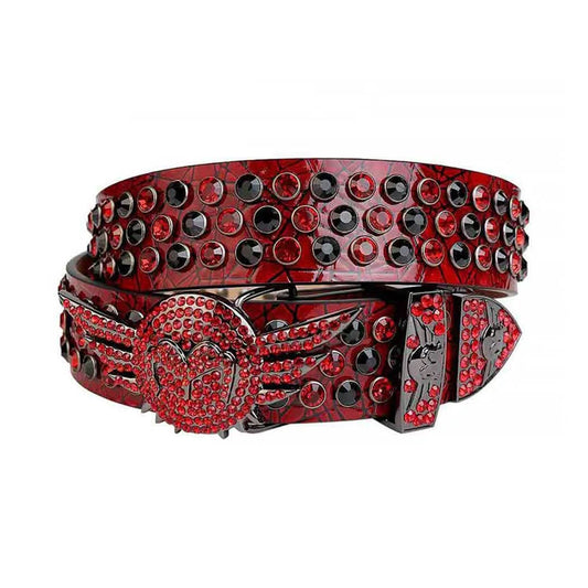Angel Wings Buckle Red Strap with Red and Black Studs Rhinestone Belt-Belts-The Rhinestone Belts