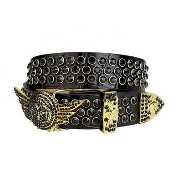 Angel Wings Buckle Black Strap with Black Studs Rhinestone Belt-Belts-The Rhinestone Belts
