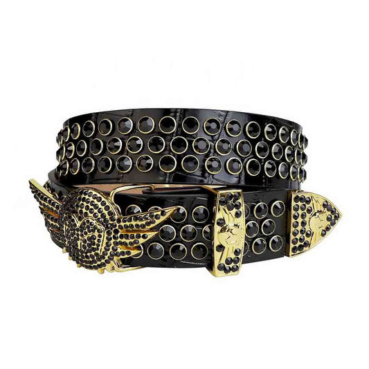 Angel Wings Buckle Black Strap with Black Studs Rhinestone Belt-Belts-The Rhinestone Belts