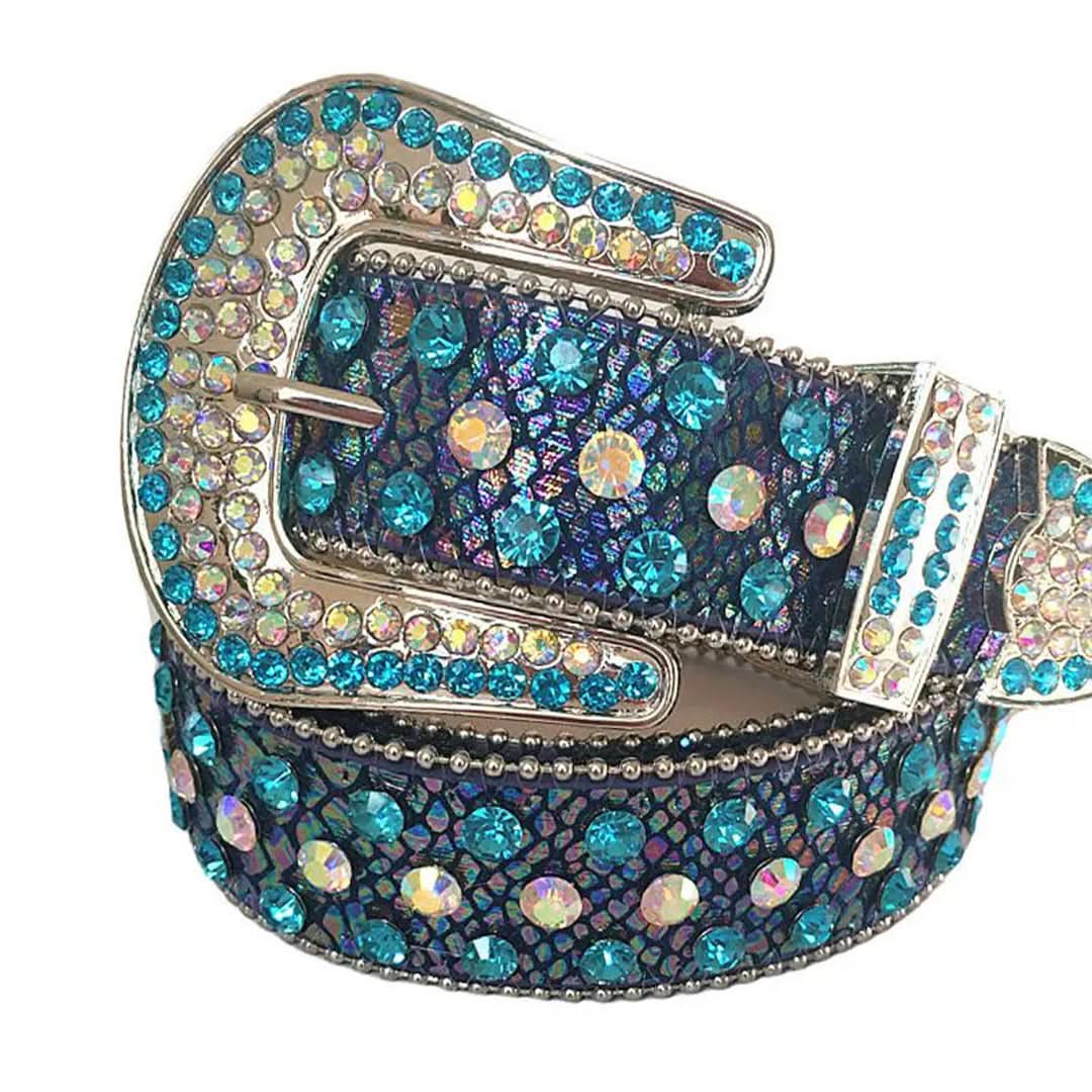 Sky and Chromatic Rhinestones with Chromatic Textured Strap Rhinestone Belt-Belts-The Rhinestone Belts