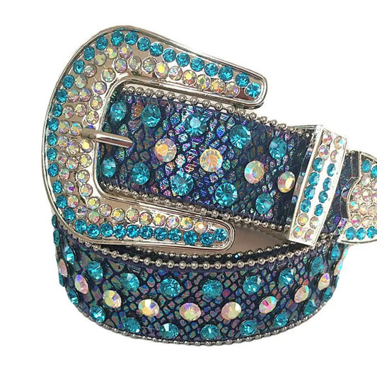 Sky and Chromatic Rhinestones with Chromatic Textured Strap Rhinestone Belt-Belts-The Rhinestone Belts