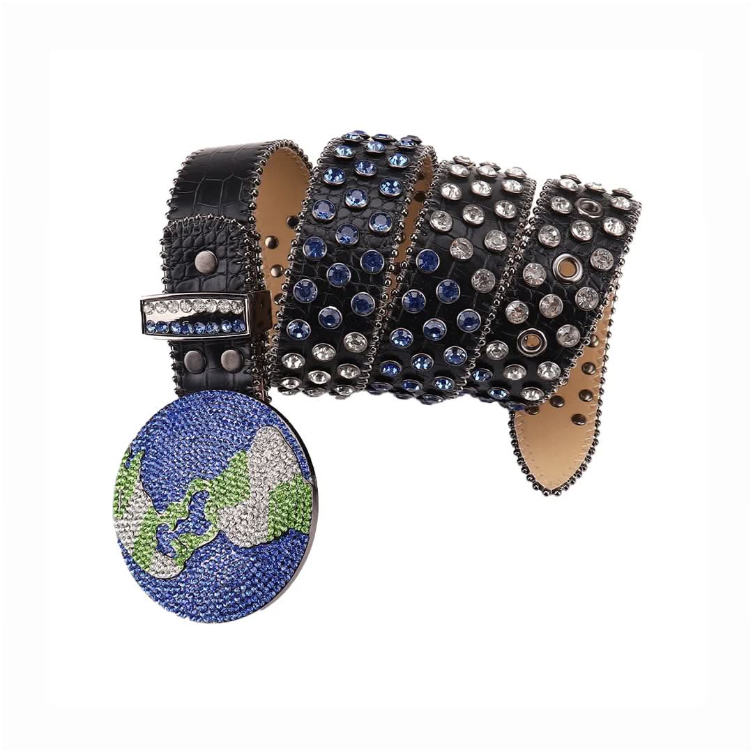 Globe Buckle with Blue and Crystal Studs Rhinestone Belt-Belts-The Rhinestone Belts