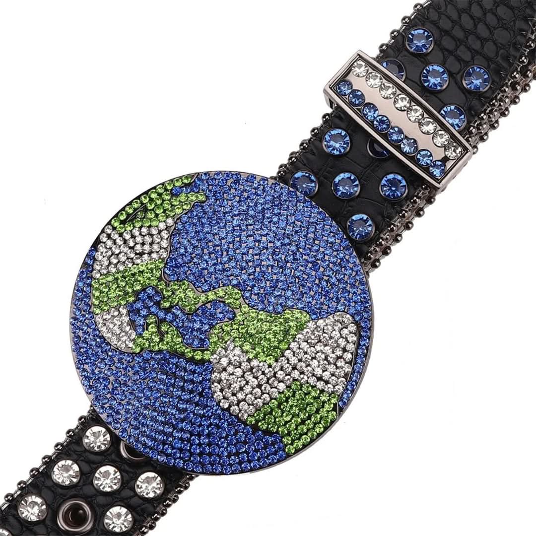 Globe Buckle with Blue and Crystal Studs Rhinestone Belt-Belts-The Rhinestone Belts