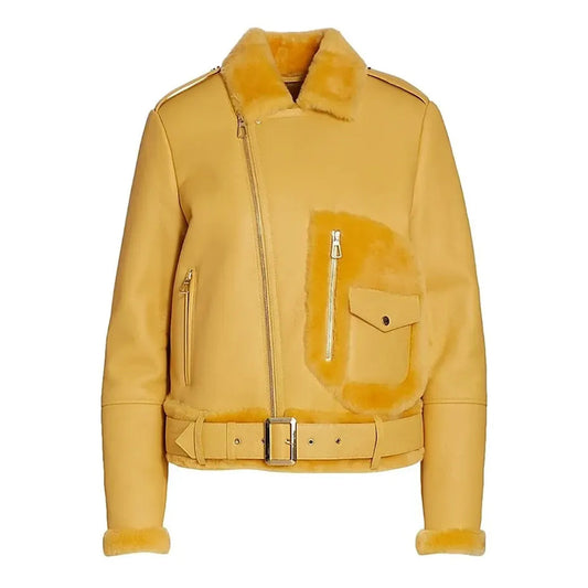 Women's Yellow Faux Shearling Leather Jacket-Women Shearling Jacket-Wayne Leather Jackets