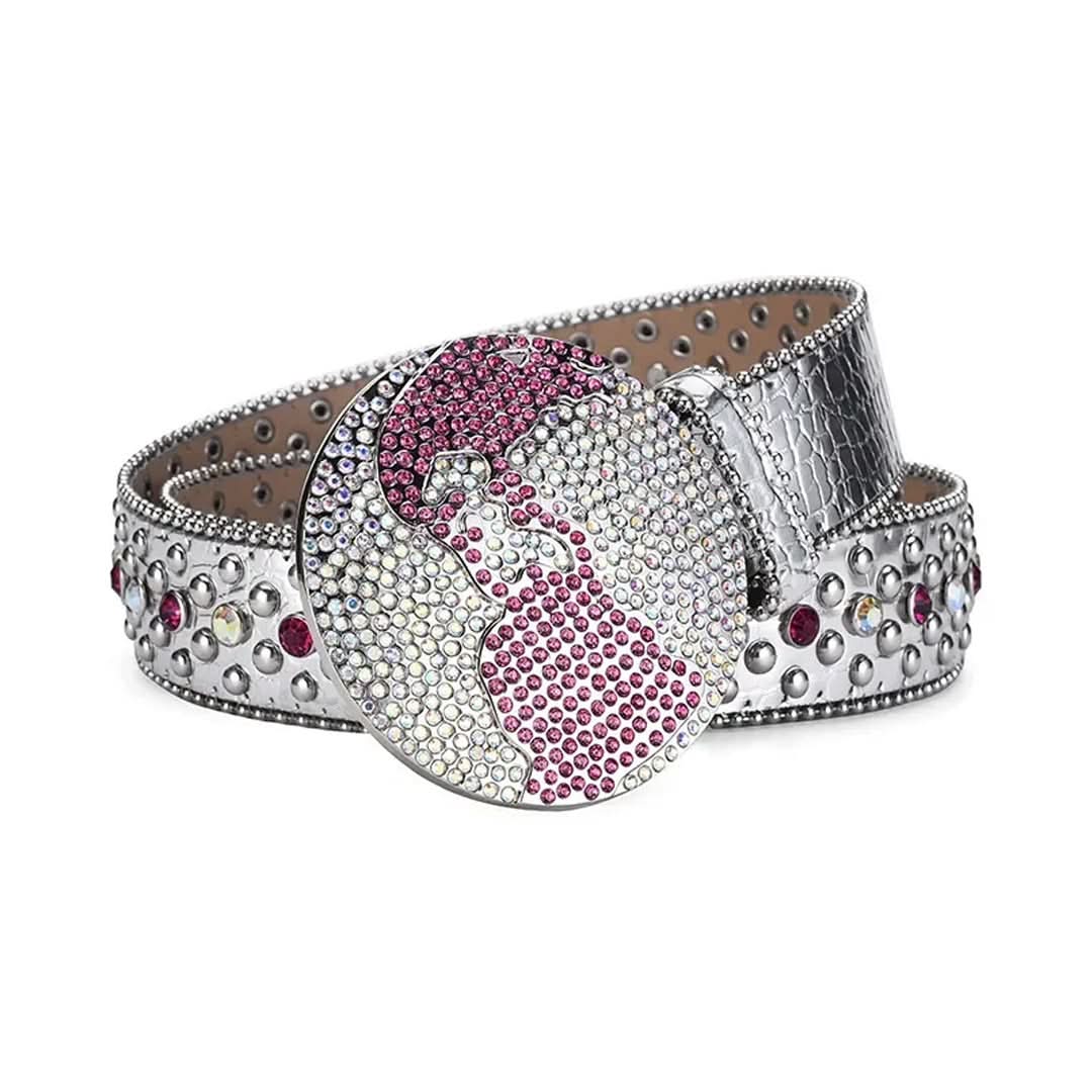 Globe Buckle with Silver and Pink Studs Rhinestone Belt-Belts-The Rhinestone Belts