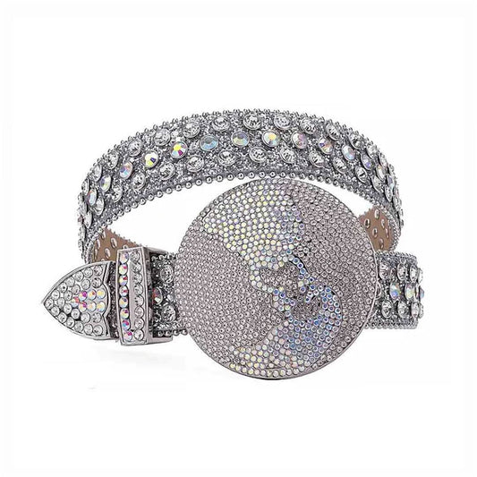 Globe Buckle with Silver and Crystal Studs Rhinestone Belt-Belts-The Rhinestone Belts