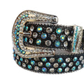Aqua and Diamond Rhinestones with Black Glitter Strap Rhinestone Belt-Belts-The Rhinestone Belts