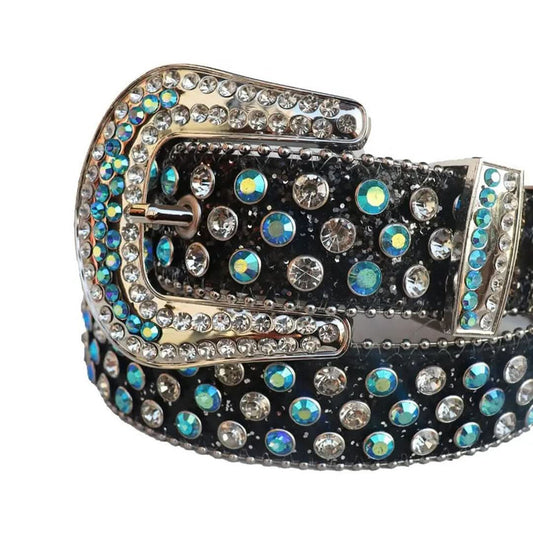 Aqua and Diamond Rhinestones with Black Glitter Strap Rhinestone Belt-Belts-The Rhinestone Belts