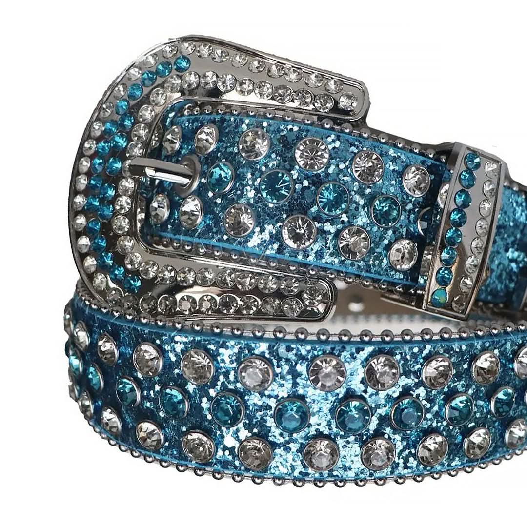 Diamond and Blue Rhinestones with Blue Glitter Strap Rhinestone Belt-Belts-The Rhinestone Belts