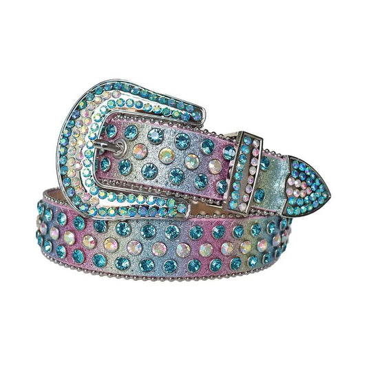 Blue and Chromatic Rhinestones with Pink Chromatic Strap Rhinestone Belt-Belts-The Rhinestone Belts