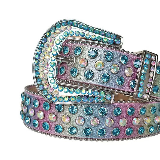 Blue and Chromatic Rhinestones with Pink Chromatic Strap Rhinestone Belt-Belts-The Rhinestone Belts