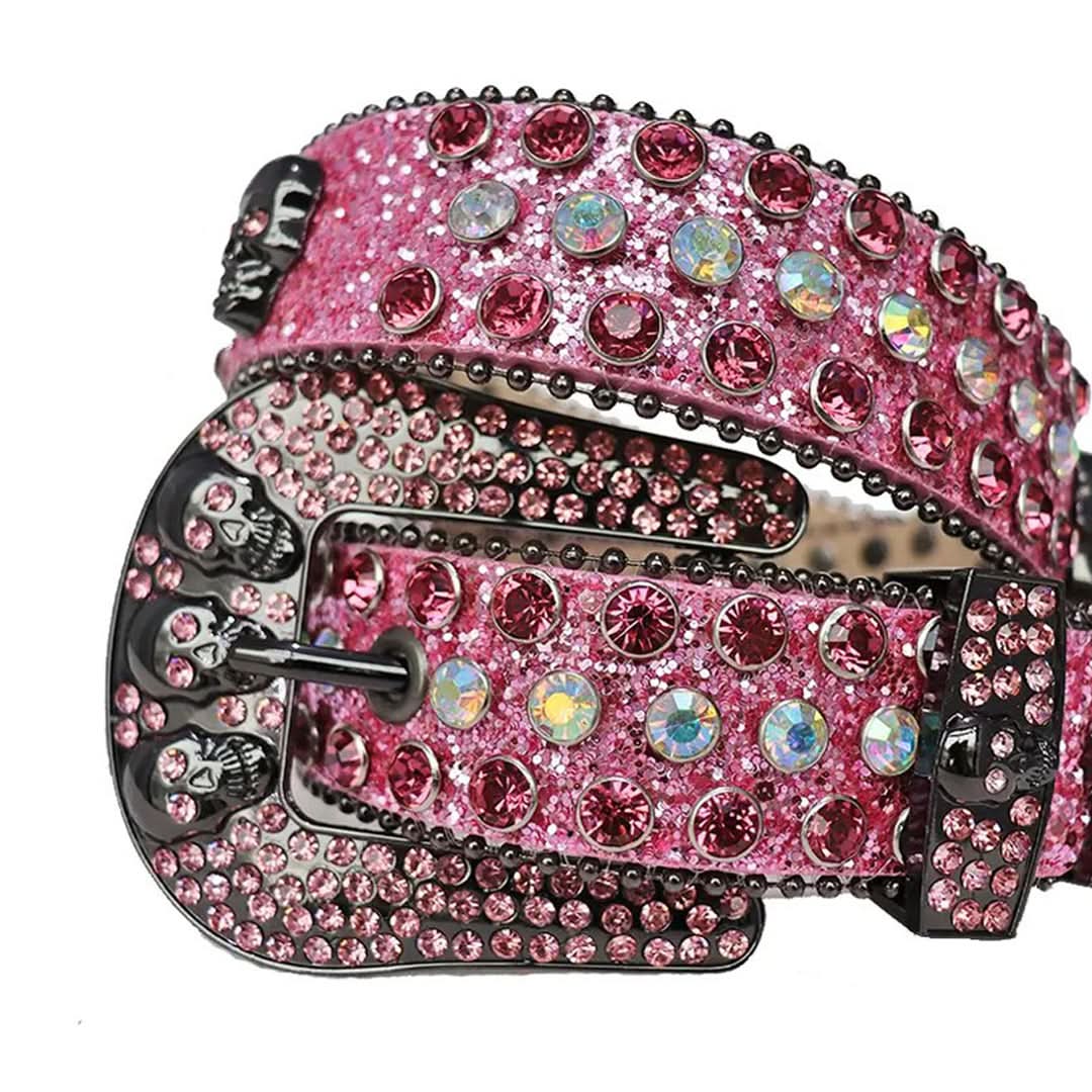 Diamond and Pink Rhinestones with Pink Glitter Strap and Skull Buckles Rhinestone Belt-Belts-The Rhinestone Belts