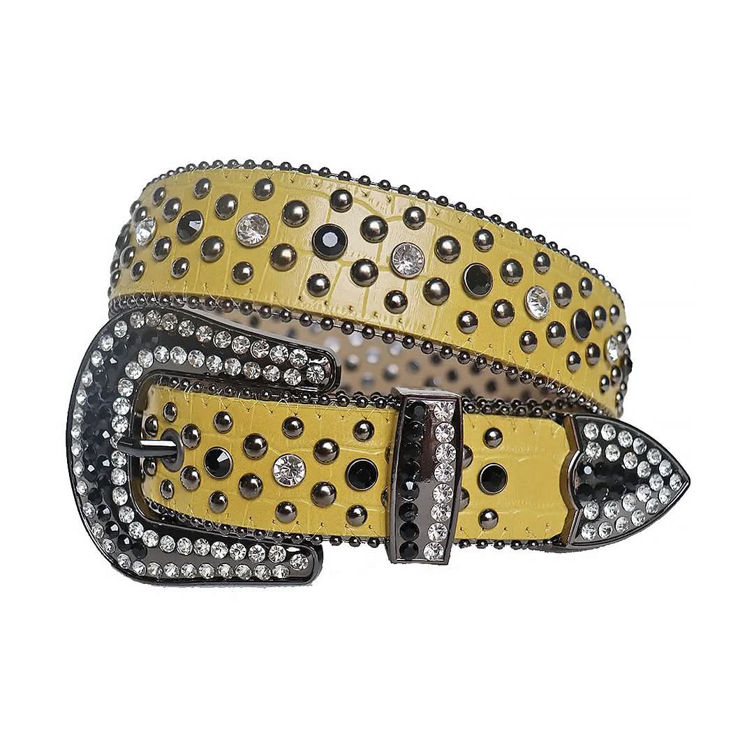 Diamond Rhinestones and Black Studs with Yellow Strap Rhinestone Belt-Belts-The Rhinestone Belts