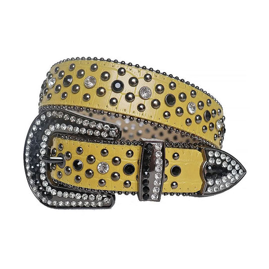 Diamond Rhinestones and Black Studs with Yellow Strap Rhinestone Belt-Belts-The Rhinestone Belts
