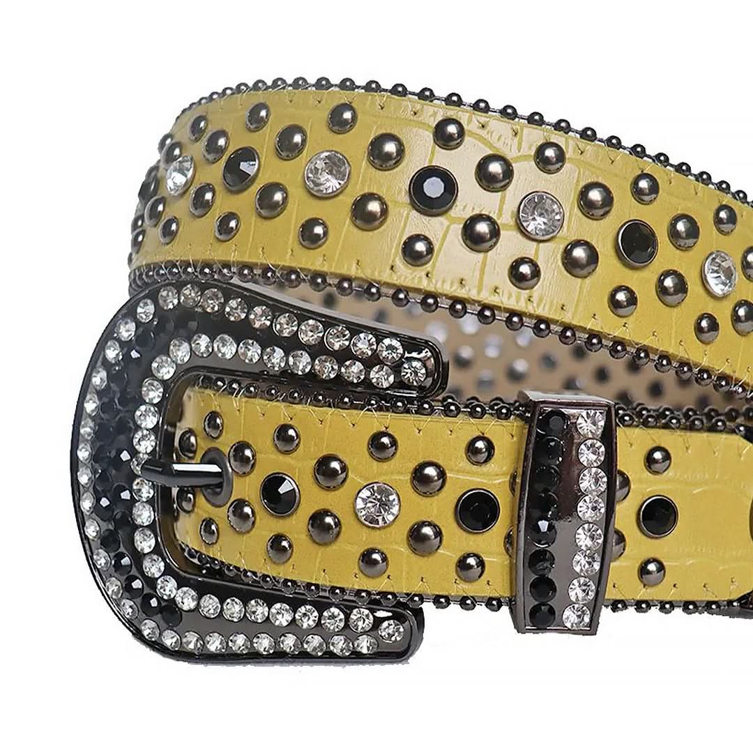 Diamond Rhinestones and Black Studs with Yellow Strap Rhinestone Belt-Belts-The Rhinestone Belts