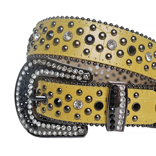 Diamond Rhinestones and Black Studs with Yellow Strap Rhinestone Belt-Belts-The Rhinestone Belts