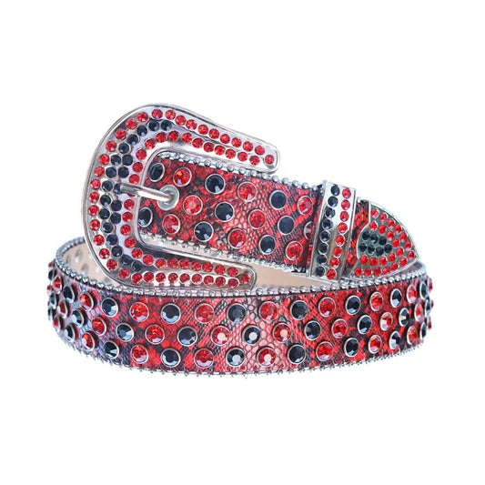 Red and Black Rhinestones with Red Snake Texture Strap Rhinestone Belt-Belts-The Rhinestone Belts