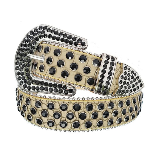 Black Rhinestones with Beige Strap Rhinestone Belt-Belts-The Rhinestone Belts