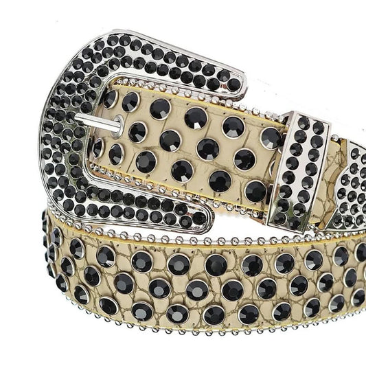 Black Rhinestones with Beige Strap Rhinestone Belt-Belts-The Rhinestone Belts