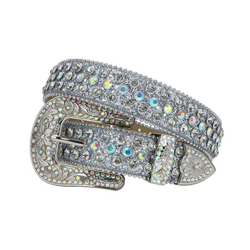 Engraved Buckle Shiny Grey Strap with Multi and Crystal Studs Rhinestone Belt-Belts-The Rhinestone Belts