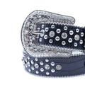 Engraved Buckle Black Strap with Crystal and Metal Studs Rhinestone Belt-Belts-The Rhinestone Belts