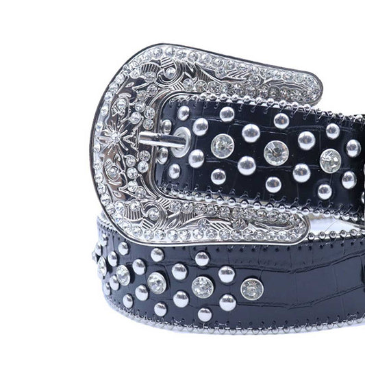 Engraved Buckle Black Strap with Crystal and Metal Studs Rhinestone Belt-Belts-The Rhinestone Belts