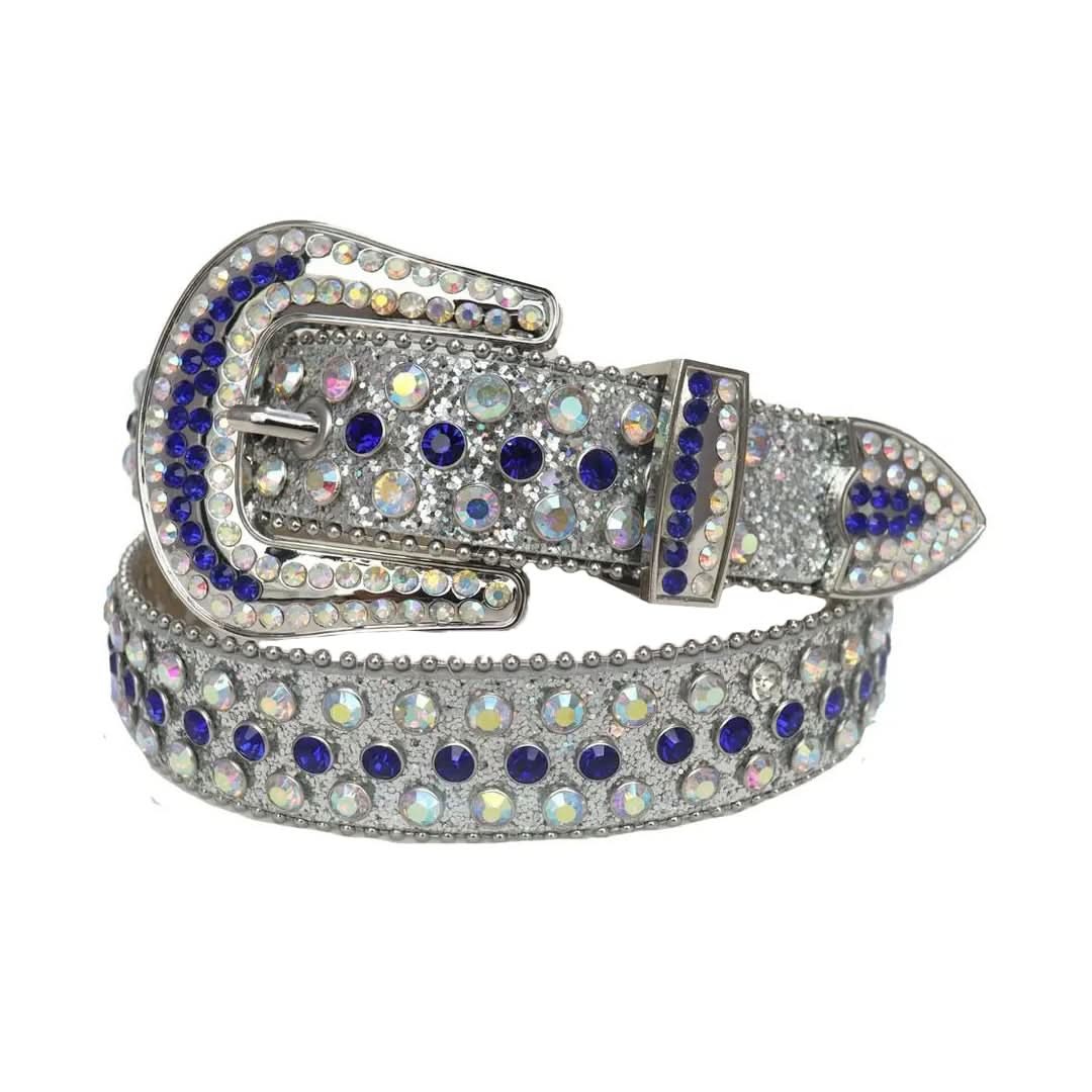 Blue and Chromatic Rhinestones with Silver Glitter Strap Rhinestone Belt-Belts-The Rhinestone Belts