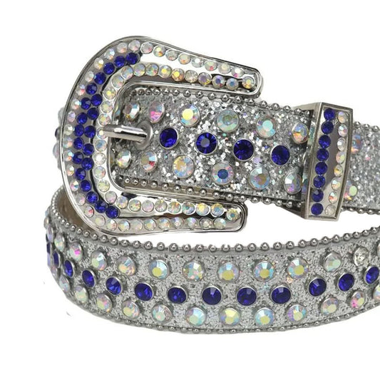 Blue and Chromatic Rhinestones with Silver Glitter Strap Rhinestone Belt-Belts-The Rhinestone Belts