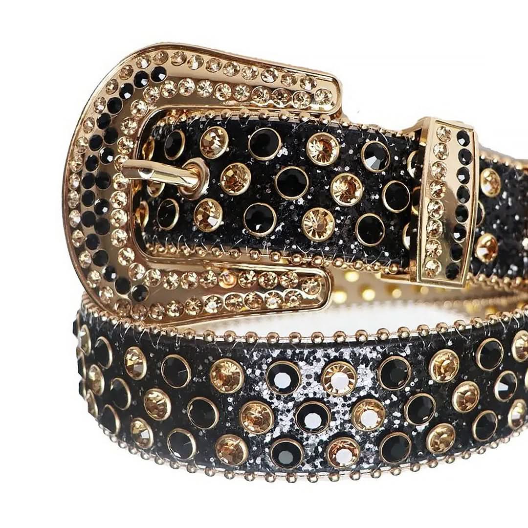 Black and Gold Rhinestones with Black Glitter Strap Rhinestone Belt-Belts-The Rhinestone Belts