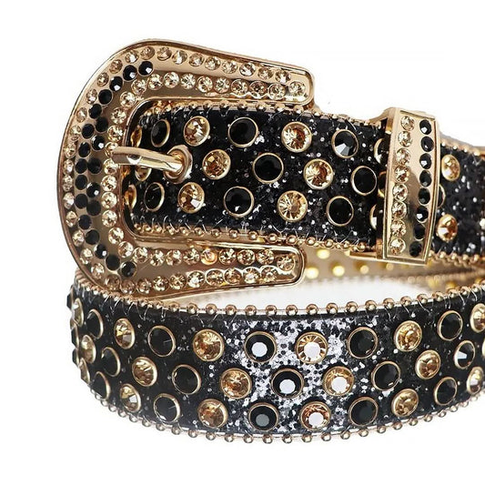 Black and Gold Rhinestones with Black Glitter Strap Rhinestone Belt-Belts-The Rhinestone Belts