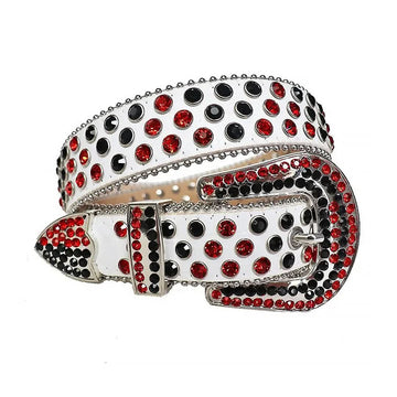 Black and Red Rhinestones with White Textured Strap Rhinestone Belt-Belts-The Rhinestone Belts