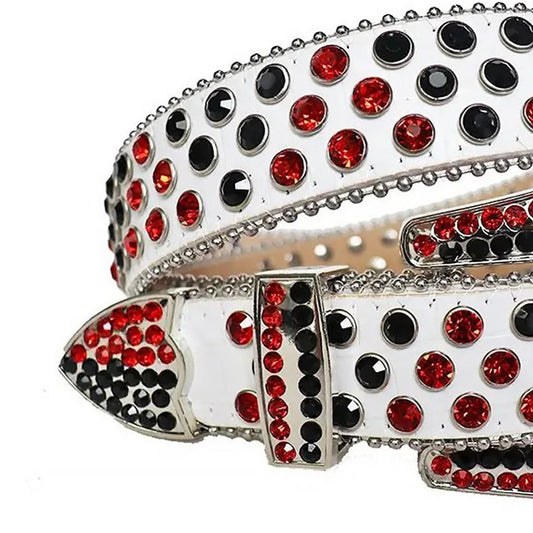 Black and Red Rhinestones with White Textured Strap Rhinestone Belt-Belts-The Rhinestone Belts