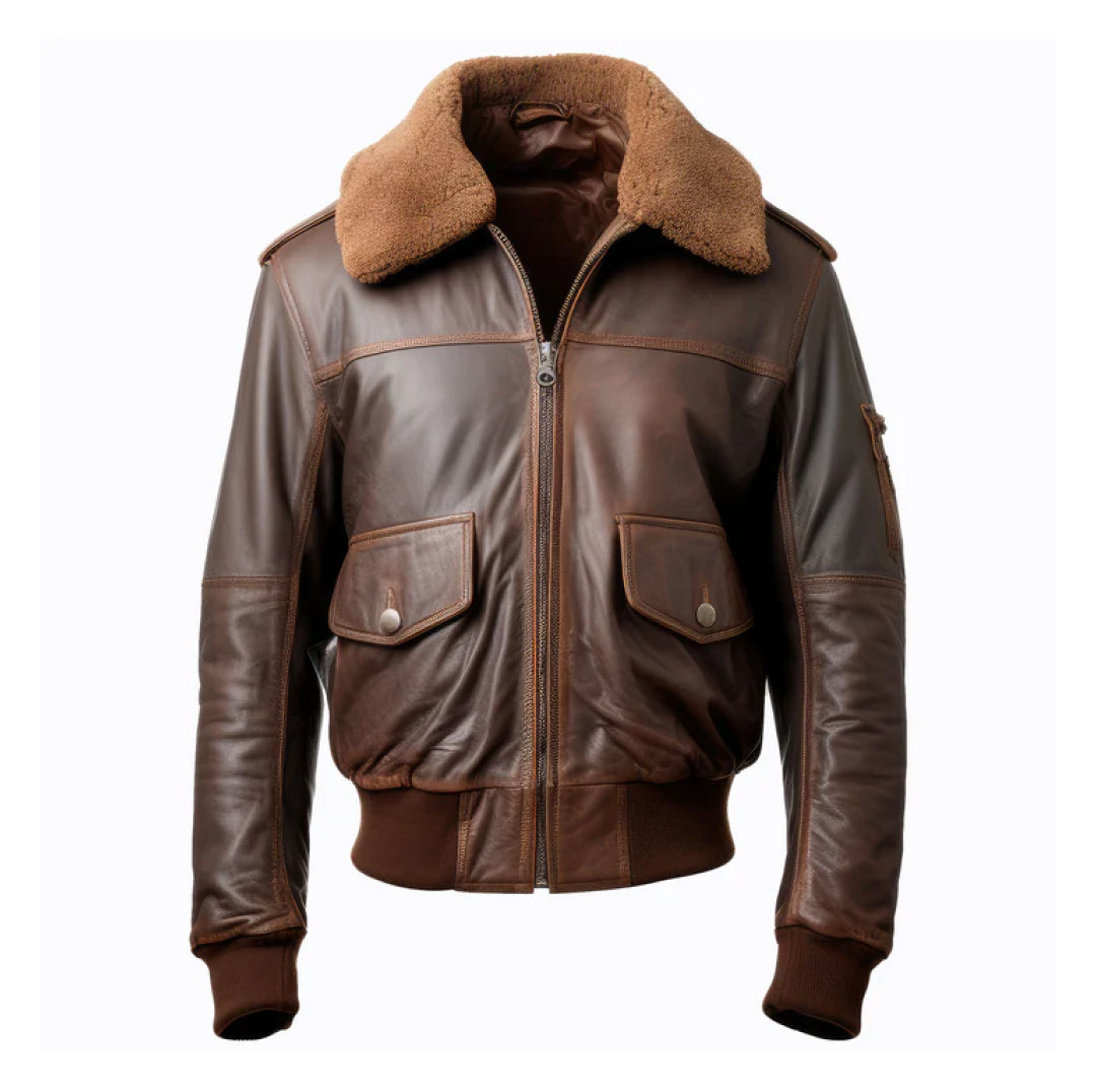 Men's Brown Pilot Lapel Bomber Leather Jacket